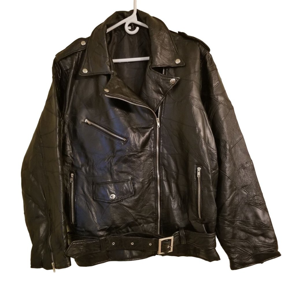 Black Leather‎ Bomber Jacket XXL Coat Moto Biker Grunge Gorpcore Patriotic